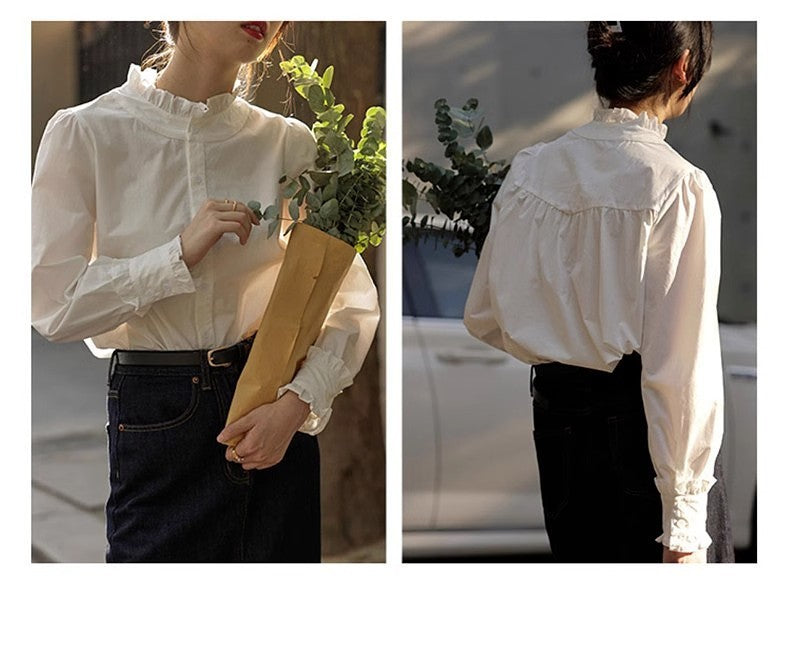 Chemise en polyester à col en dentelle blanche pour femme