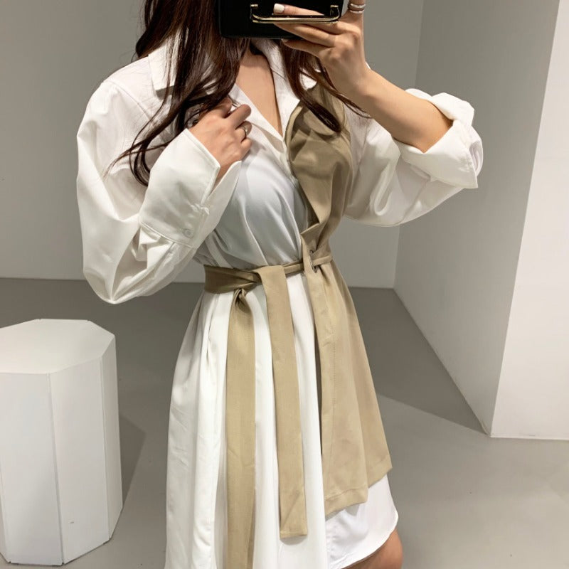 Robe Chemise Midi à Col Polo avec Nœud à la Taille et Revers pour Femme