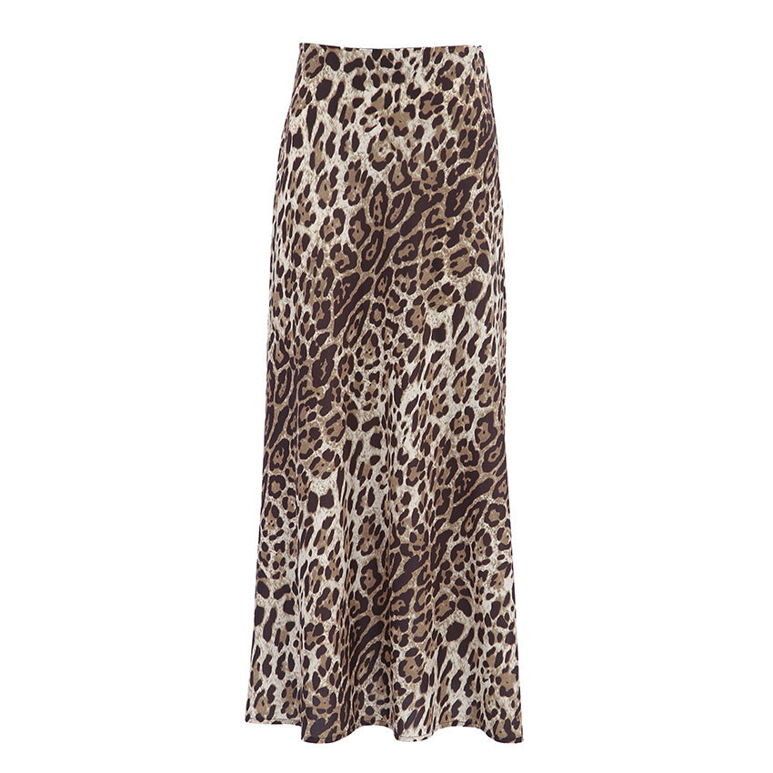 Brown Leopard Print Polyester A-Line Long Skirt European American Street Style