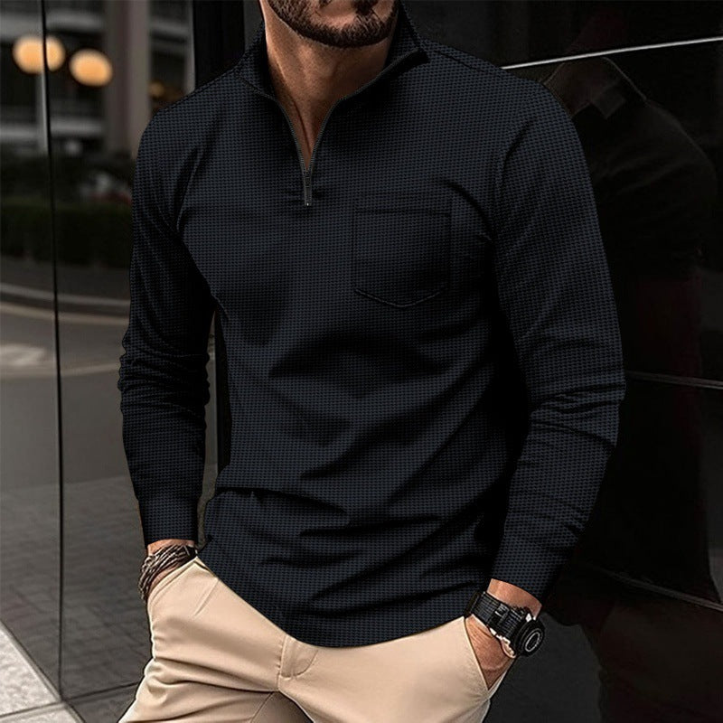 Men's Long Sleeve Waffle Sports Polo Shirt with Zipper Pocket