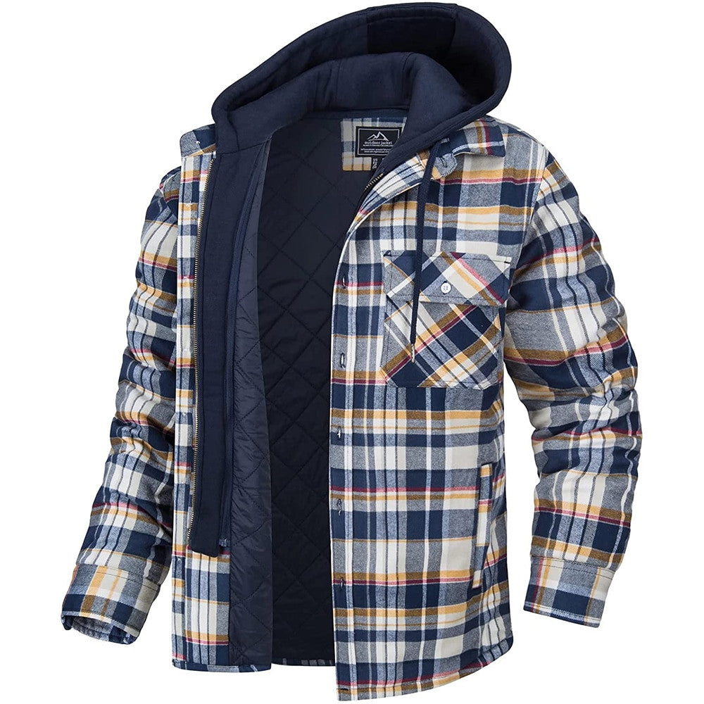 Men's Plaid Hooded Winter Coat Thick Padded Button Zip-Up Jacket Casual Outerwear