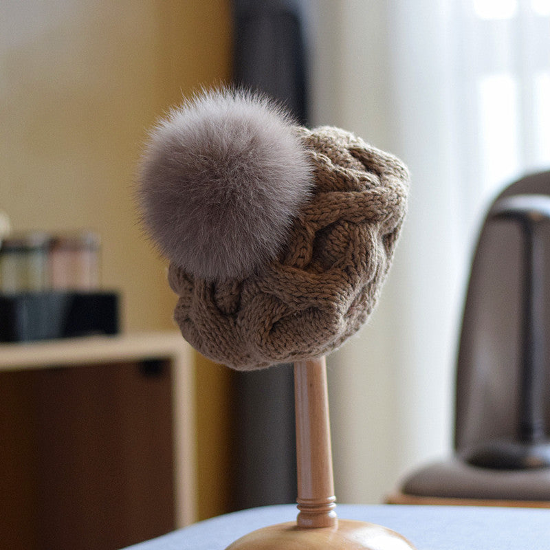 Autumn And Winter Fox Fur Ball Wool Hat For Children