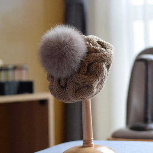 Autumn And Winter Fox Fur Ball Wool Hat For Children