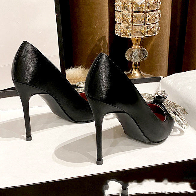 Black Women's Bow Rhinestone Pointed Stiletto High Heels