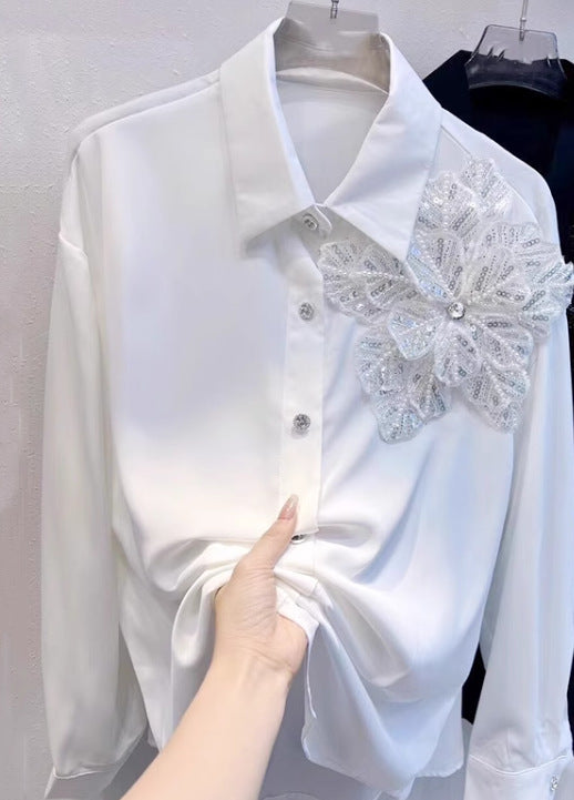 Chemisier à manches longues 3D Fleur Femme Blanc et Noir, Tailles S-L
