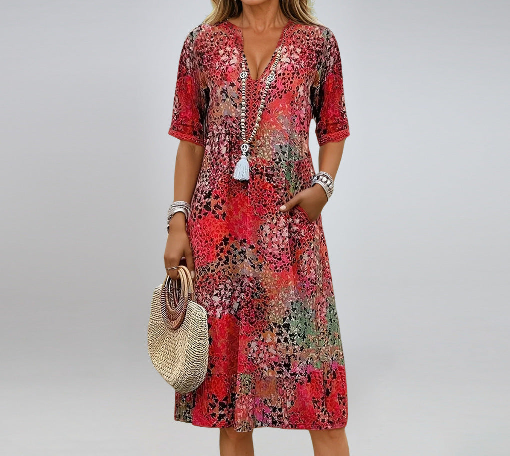 Robe d'été à col en V et demi-manches avec imprimé ethnique et poches pour femme