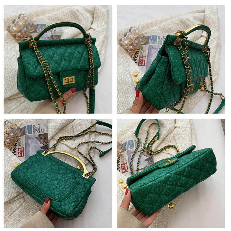 Rhombus Chain Small Square PU Bag in Black, Beige & Green