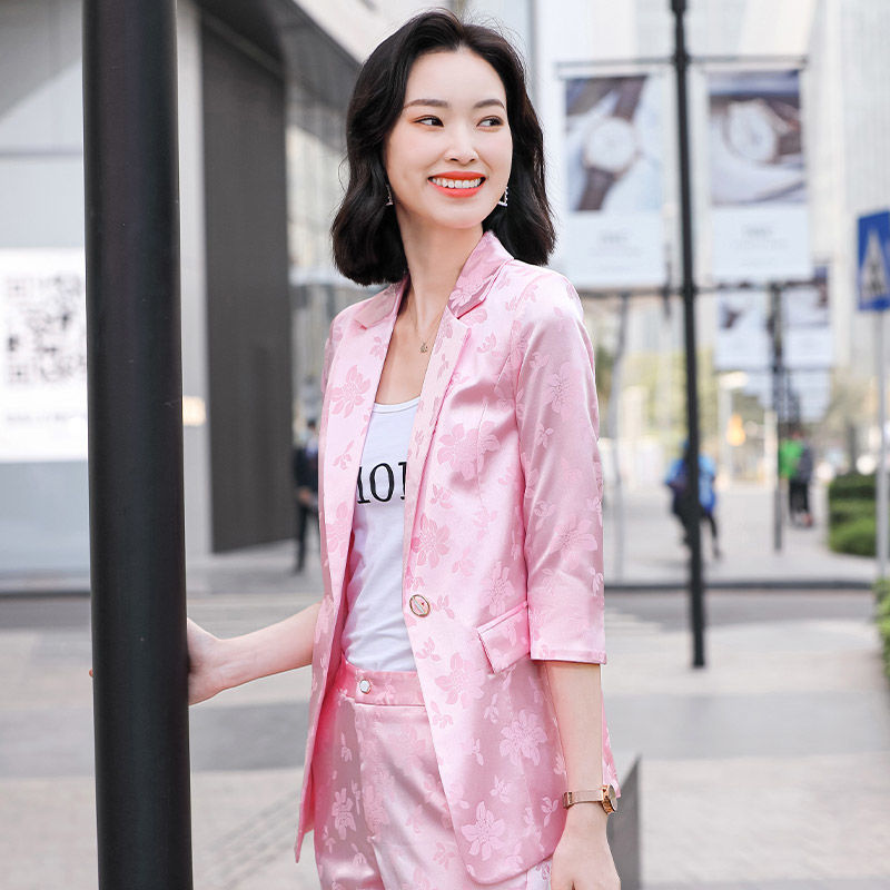 Veste de tailleur en satin imprimé pour femme, coloris rose, blanc et bleu