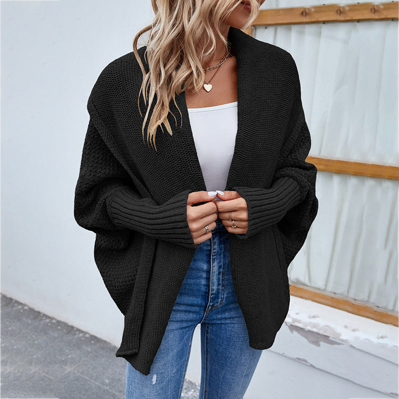 Loose Knit Solid Color Bat Sleeve Large Lapel Cardigan Sweater for Women Autumn Winter Jacket