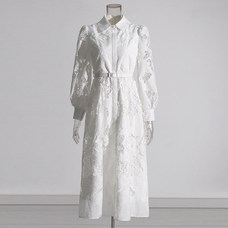 Lapel Long Lantern Sleeve Mid-length With Embroidery Dress