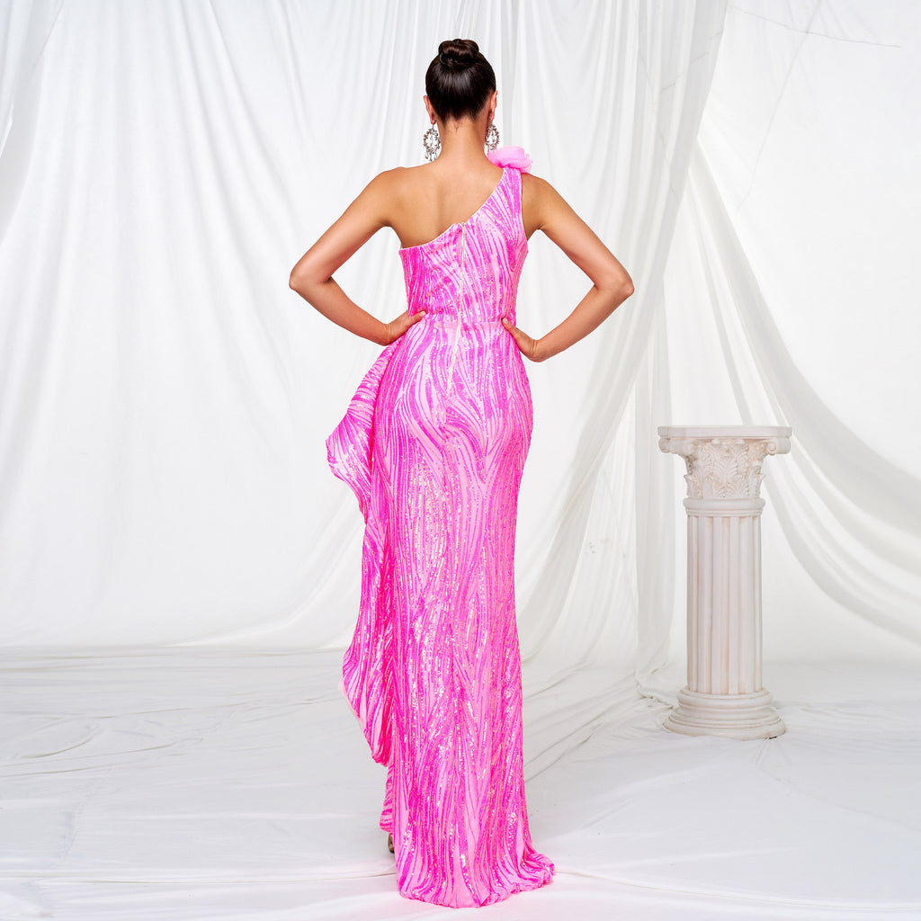 Robe de soirée longue fendue asymétrique à sequins rouge rose, taille haute
