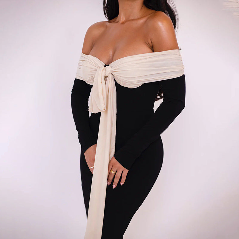 Black Lace-Up Off-Shoulder Slim-Fit Long Sleeve Dress