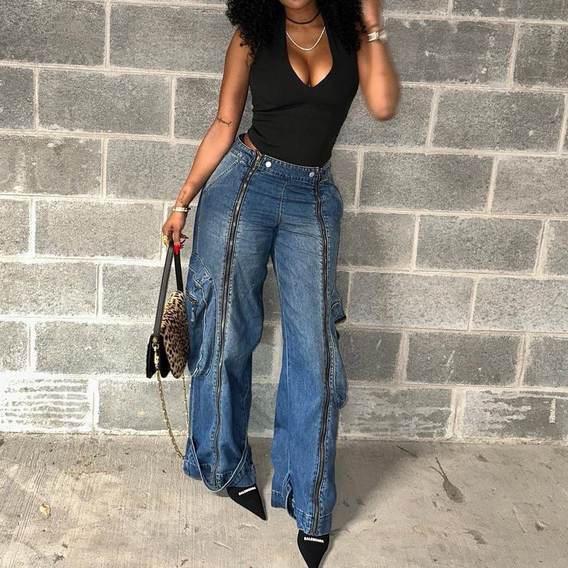 Women's Low Waist Wide Leg Denim Jeans with Zipper - Blue, S-L