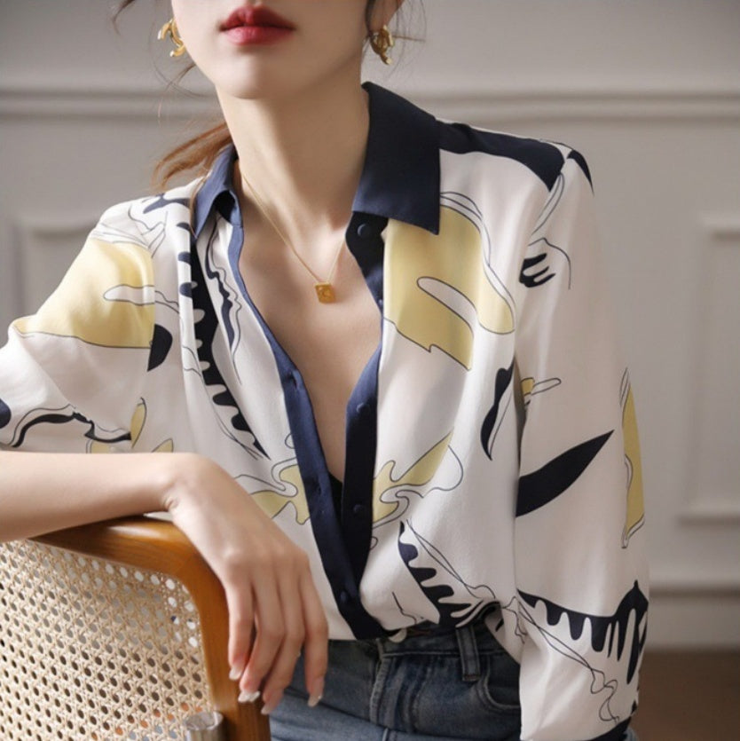 Chemise imprimée en soie artificielle pour femme, design rétro et singulier