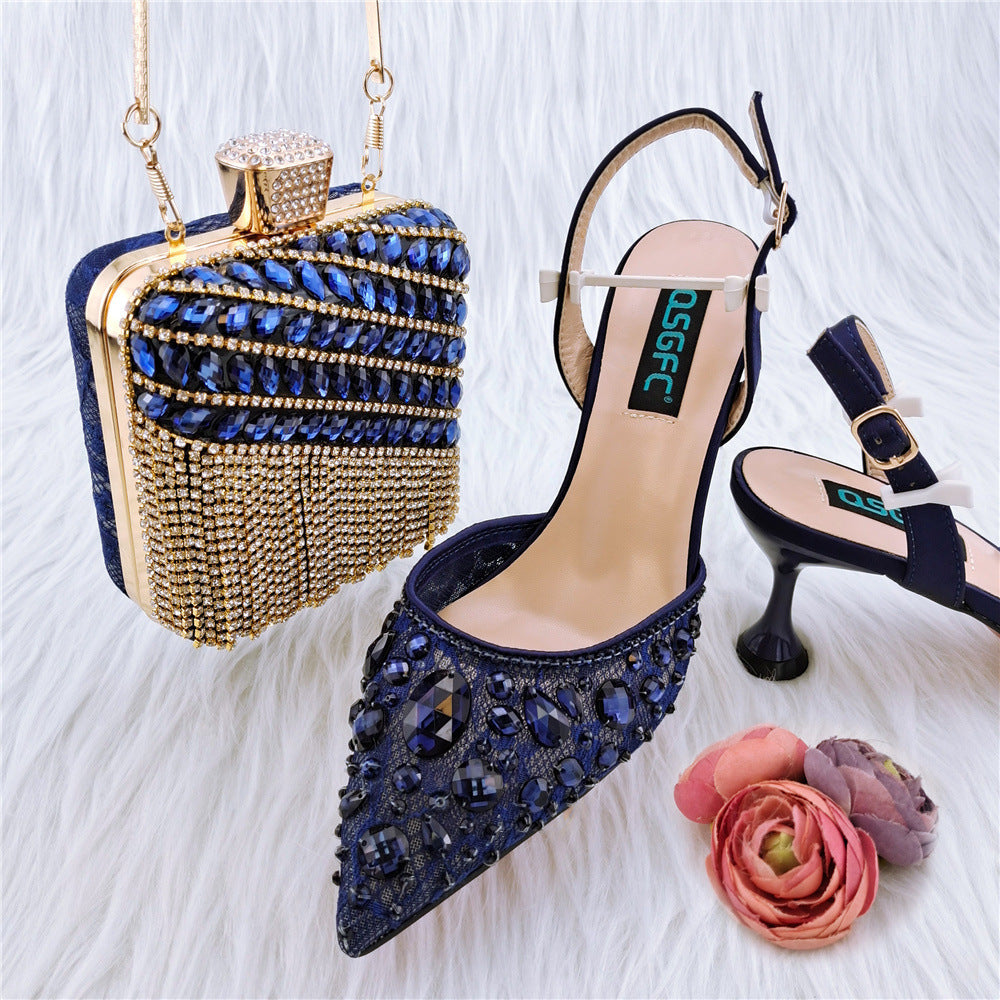 Ladies' High Heel Party Sandals with Diamond Bag Set