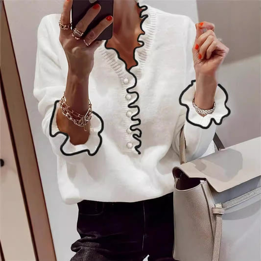 Fashion Color Contrast Wooden Ear Pearl Button Long Sleeve V-neck Sweater Pullover