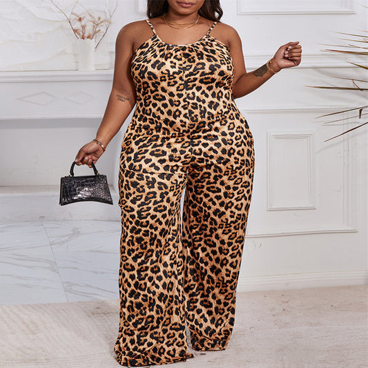 New Fashion Leopard Print Printing Gallus Siamese Trousers