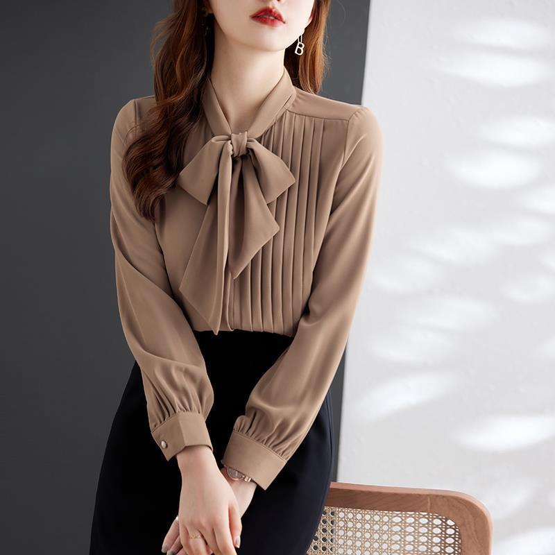Light Brown Lace-Up Chiffon Long Sleeve Shirt for Women