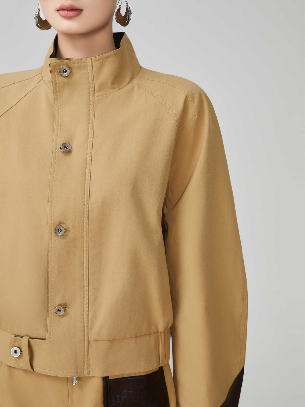 Leather Patchwork Stand-Up Collar Two-Piece Suit with A-Line Skirt for Women