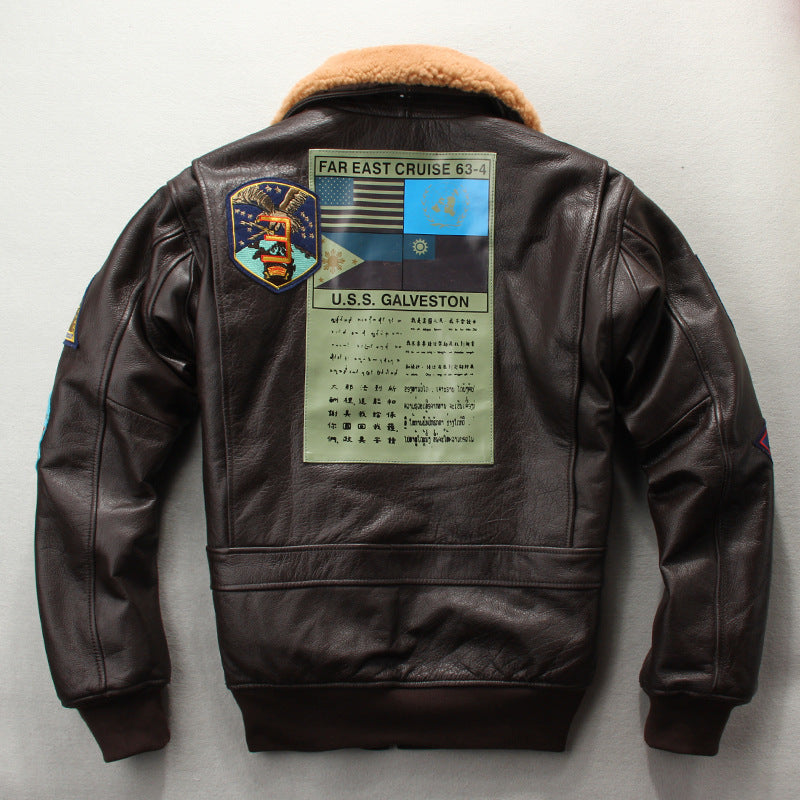 Blouson de moto court en cuir de vachette brodé pour homme