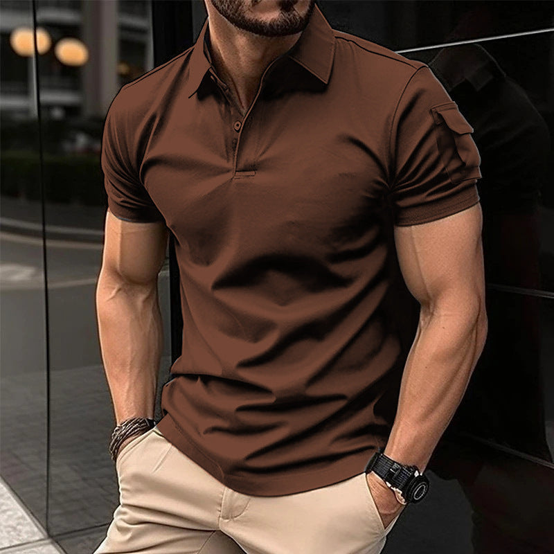 Sweat-shirt à manches courtes, col revers et poches boutonnées pour hommes