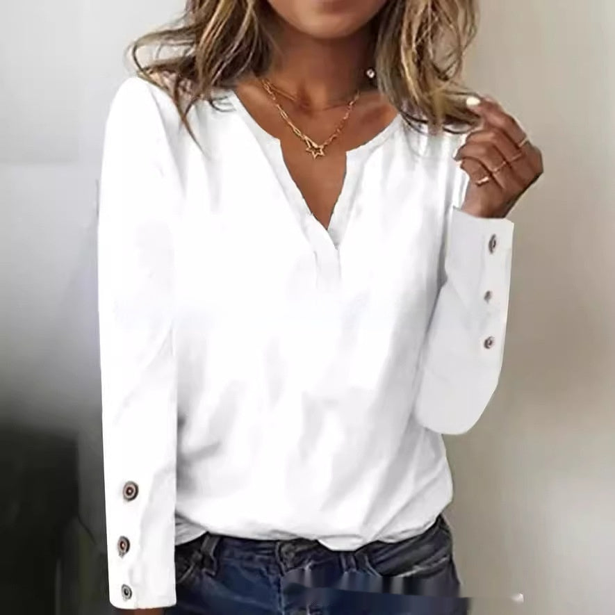 White Casual Loose V-Neck Long Sleeve T-Shirt Top