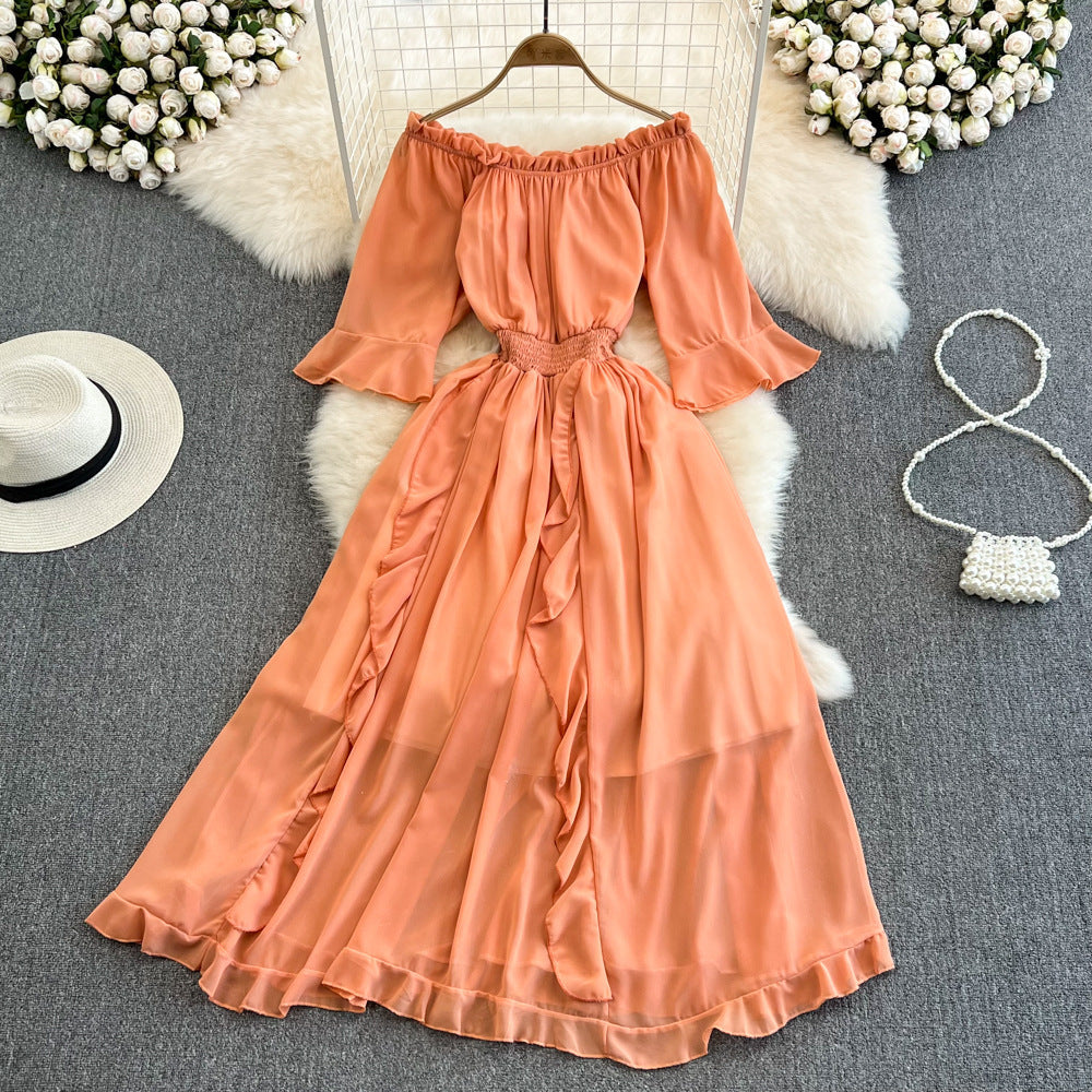 Robe Mi-Longue en Mousseline à Volants Épaules Dénudées Coupe Trapèze